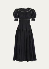 Ulla Johnson Harriet Pleated Puff-Sleeve Embroidered Midi Dress - at Bergdorf Goodman